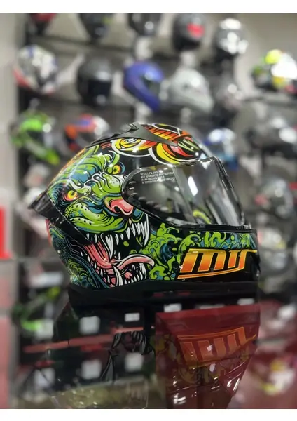 MTS 801 Azure Yeşil Turuncu Kapalı Kask Ayna Vizörlü